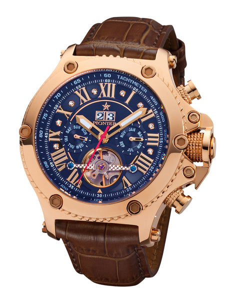 8 diamonds on the blue color dial with rose case and brown leather band.