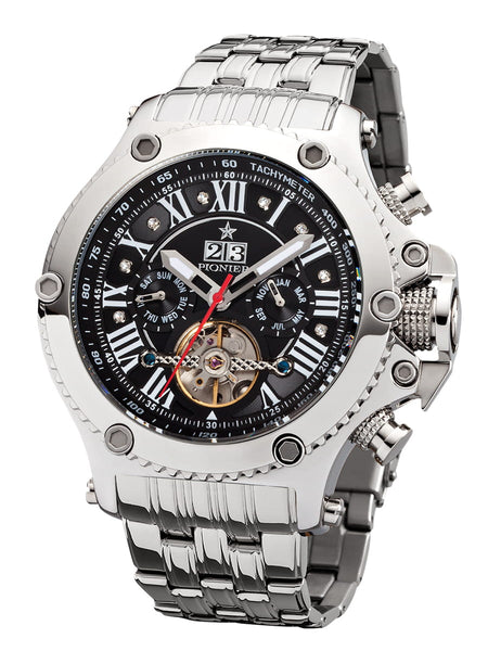 Frontal view of the bulky New York model watch all silver with black dial and the visible bullet screws on top of the case.