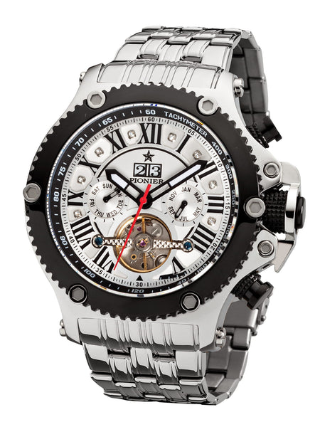 All stainless steel watch with a white dial face and metal band on a white background.