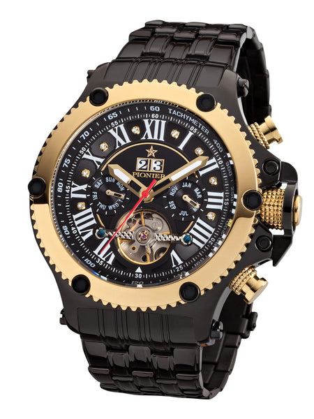 Automatic watch with black and gold design on a white background.