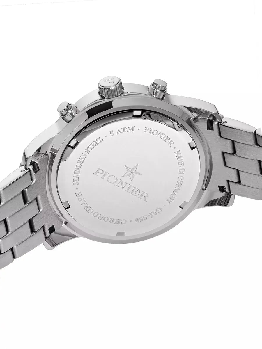 Back view of the 5 ATM chronograph watch.