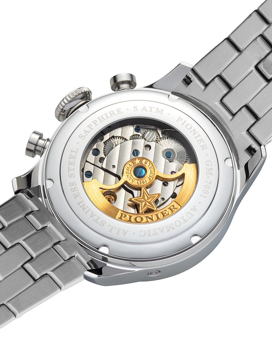 Close-up of a Pionner watch with mechanical components on a white background
