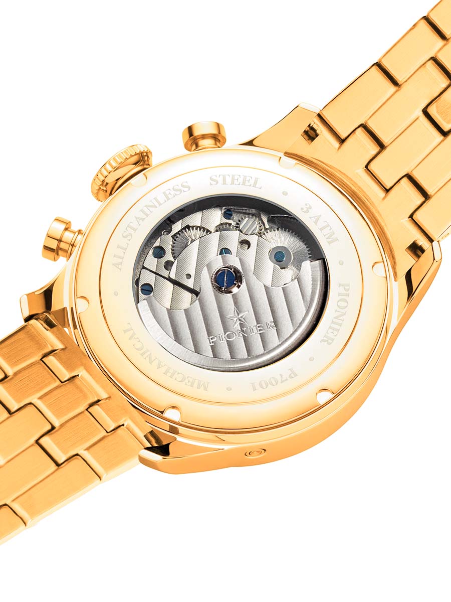 Gold case with gold push buttons and an open back to look at the automatic movement.