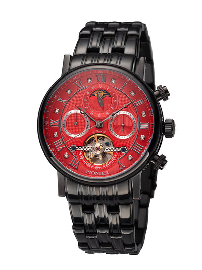 Red dial with black case and black bracelet. Automatic Chicago collection with push buttons.