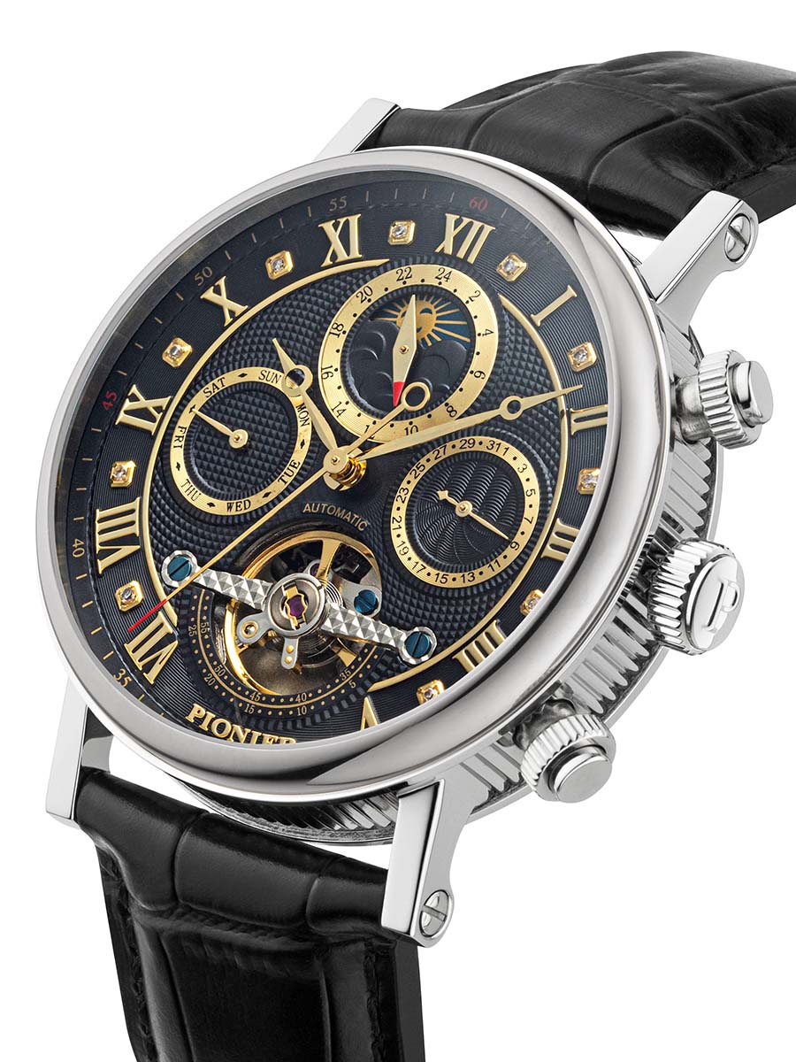 Roman numerals with 3 buttons on the side to fix time and calendar.