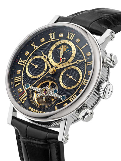 Roman numerals with 3 buttons on the side to fix time and calendar.