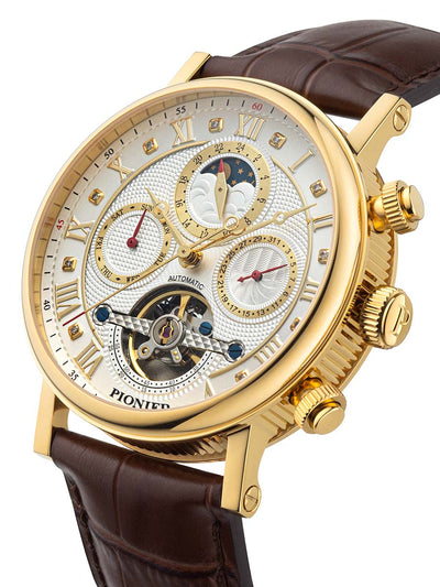 White dial with diamonds and Roman numerals in a gold case color.