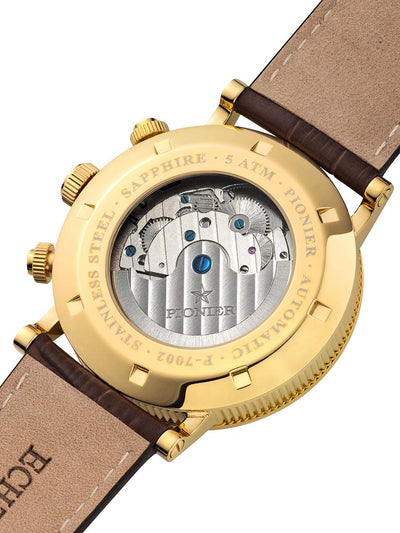 Open back case with silver color movement and standard buckle for the brown leather band.