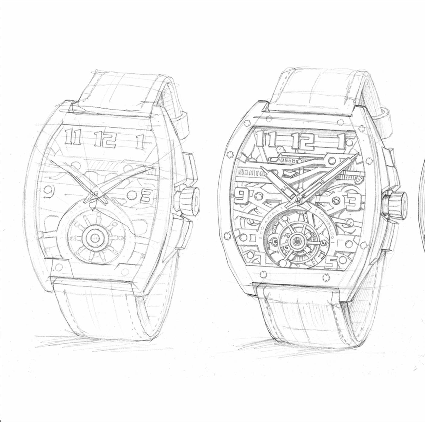Technical pencil drawing of a wristwatch with detailed mechanical components on a white background