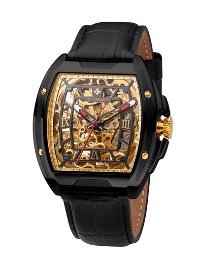 Skeletonized gold color dial with two color skeletonized hands and 4 bullet screws on the case.