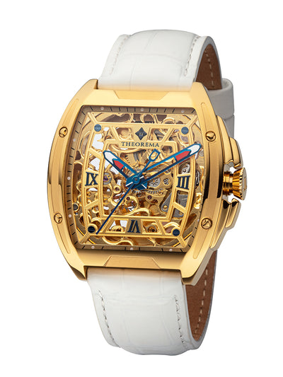 Yellow case, yellow skeleton dial, white leather band St. Petersburg collection.