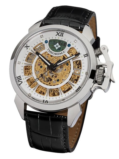 6 diamonds markers with Roman numerals in a sunny skeletonized golden dial.