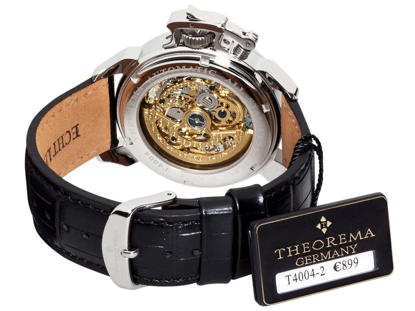 Open back case with gold color mechanism with visible gears and standard buckle for the band.