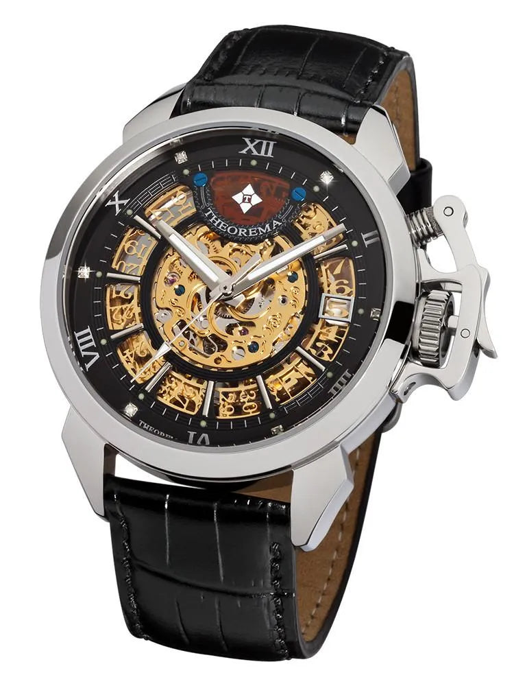 6 diamonds markers with Roman numerals in a sunny skeletonized golden dial.