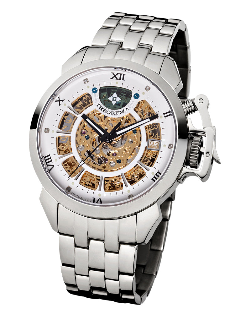 Frontal view of the skeletonized dial with all silver case and bracelet.