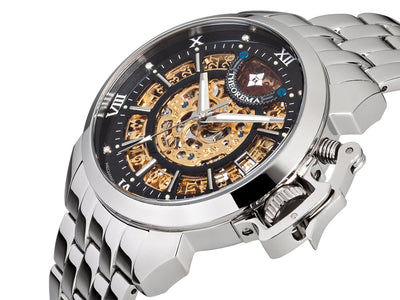 Gold skeleton dial with diamonds as markers for the hour.