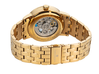 Gold plated high-grade stainless steel case with gold plated stainless steel band and an onion crown design.