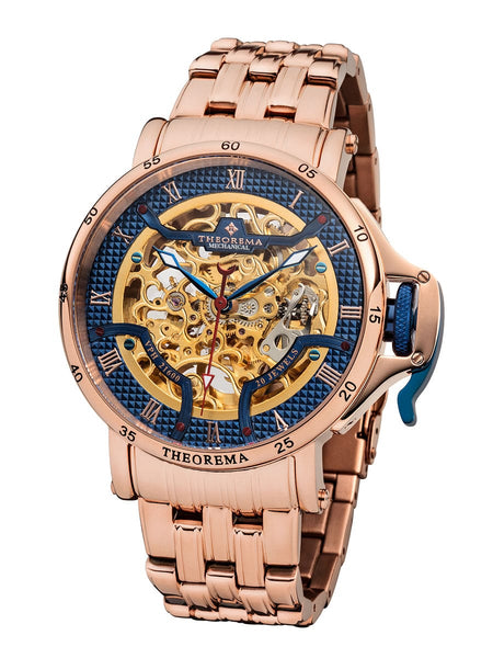 This image shows a men’s automatic skeleton wristwatch with a polished stainless steel case and a black leather strap. The dial is fully open, revealing a gold-toned mechanical movement underneath. Roman numerals are placed on a black outer ring, and the hands are blue with a slim red seconds hand, creating strong contrast for readability.