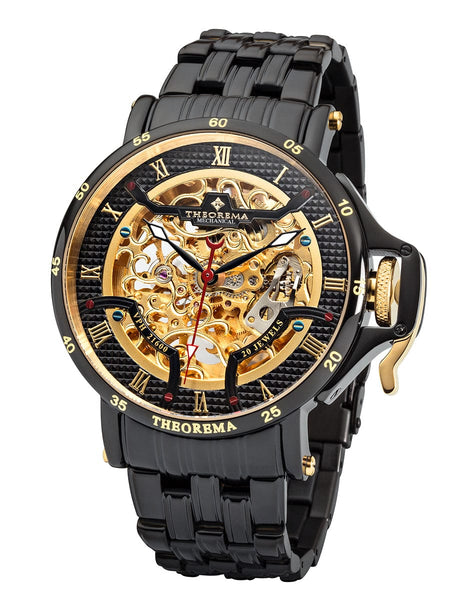 This image shows a men’s automatic skeleton wristwatch with a polished stainless steel case and a black leather strap. The dial is fully open, revealing a gold-toned mechanical movement underneath. Roman numerals are placed on a black outer ring, and the hands are blue with a slim red seconds hand, creating strong contrast for readability.