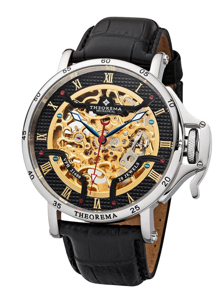 A luxury skeleton-style wristwatch with a polished silver case and a black leather strap is shown against a light gray background. The center of the dial is open, revealing intricate gold mechanical gears and moving parts inside the watch.