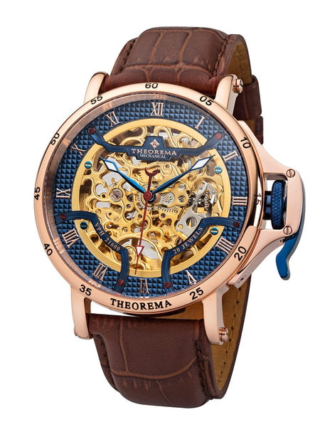 Rose case and skeletonized gold color dial with blue bezel and roman numerals