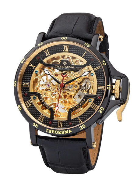 The watch is paired with a black leather strap that has a smooth texture on the outside and a lighter inner lining. The overall design combines a classic round case with a modern skeletonized interior, making the timepiece both functional and visually intricate.