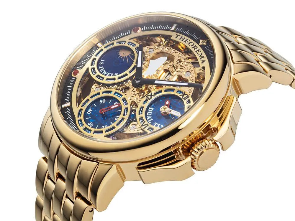 Gold color stainless steel, stainless steel case, see through movement with gold crown.