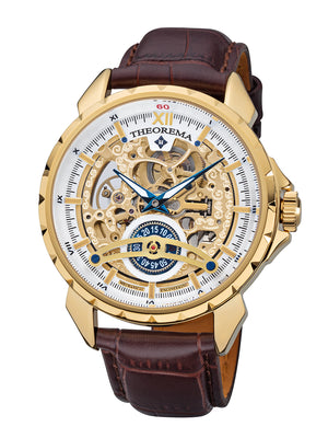 Gold color case, brown leather band, with gold color crown and skeletonized dial.