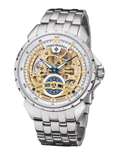 Silver case, silver stainless steel band, with gold crown and skeletonized dial.