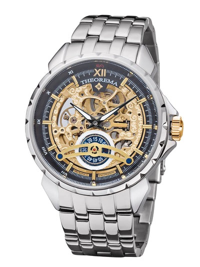 Silver case, silver stainless steel band, with gold crown and skeletonized dial.