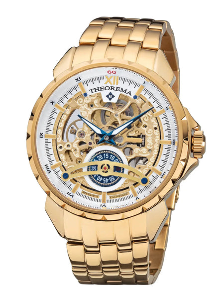 Gold case, gold stainless steel band, with gold crown and skeletonized dial.