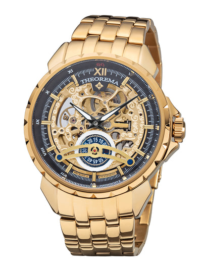 Gold case, gold stainless steel band, with gold crown and skeletonized dial.