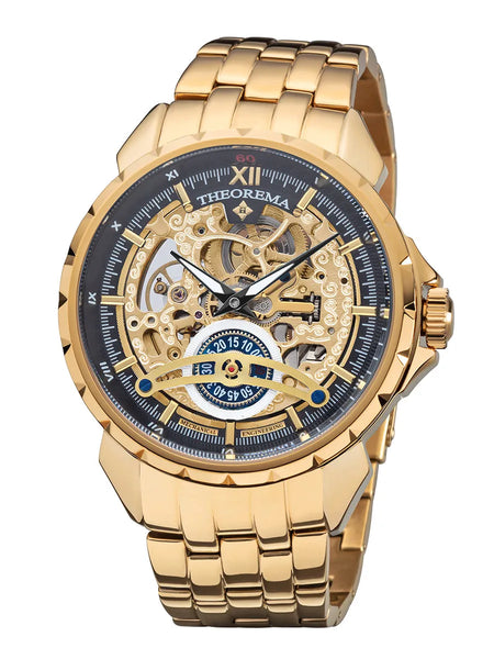 Gold case, gold stainless steel band, with gold crown and skeletonized dial.