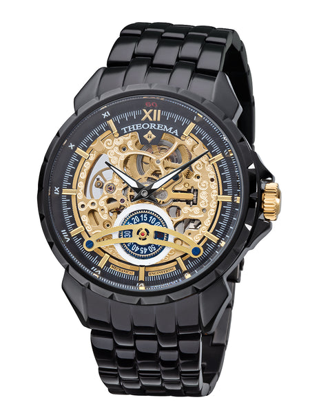 Black case, black stainless steel band, with gold crown and skeletonized dial.