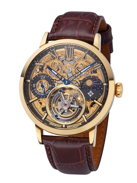 Gold color case with brown genuine leather band and gold dial.