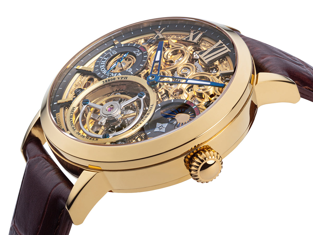 Skeletonized hands and roman numerals on the dial with gold round crown.