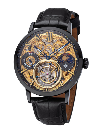 Black case with black genuine leather band and gold plated dial.