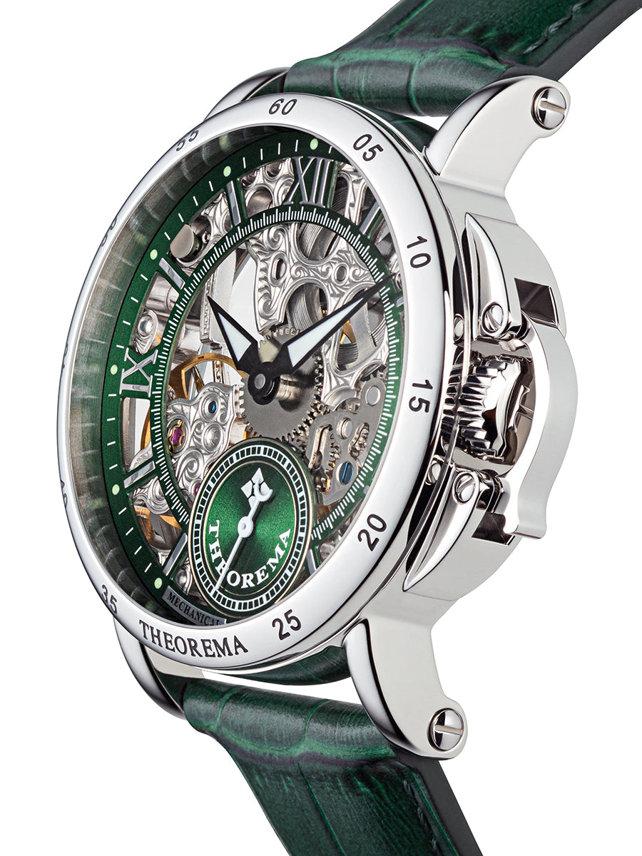 Mechanical watch with skeleton dial with silver case and silver crown