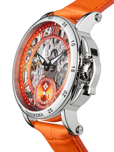 Mechanical watch with skeleton dial with silver case and silver crown