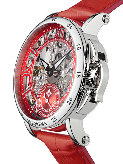 Mechanical watch with skeleton dial with silver case and silver crown