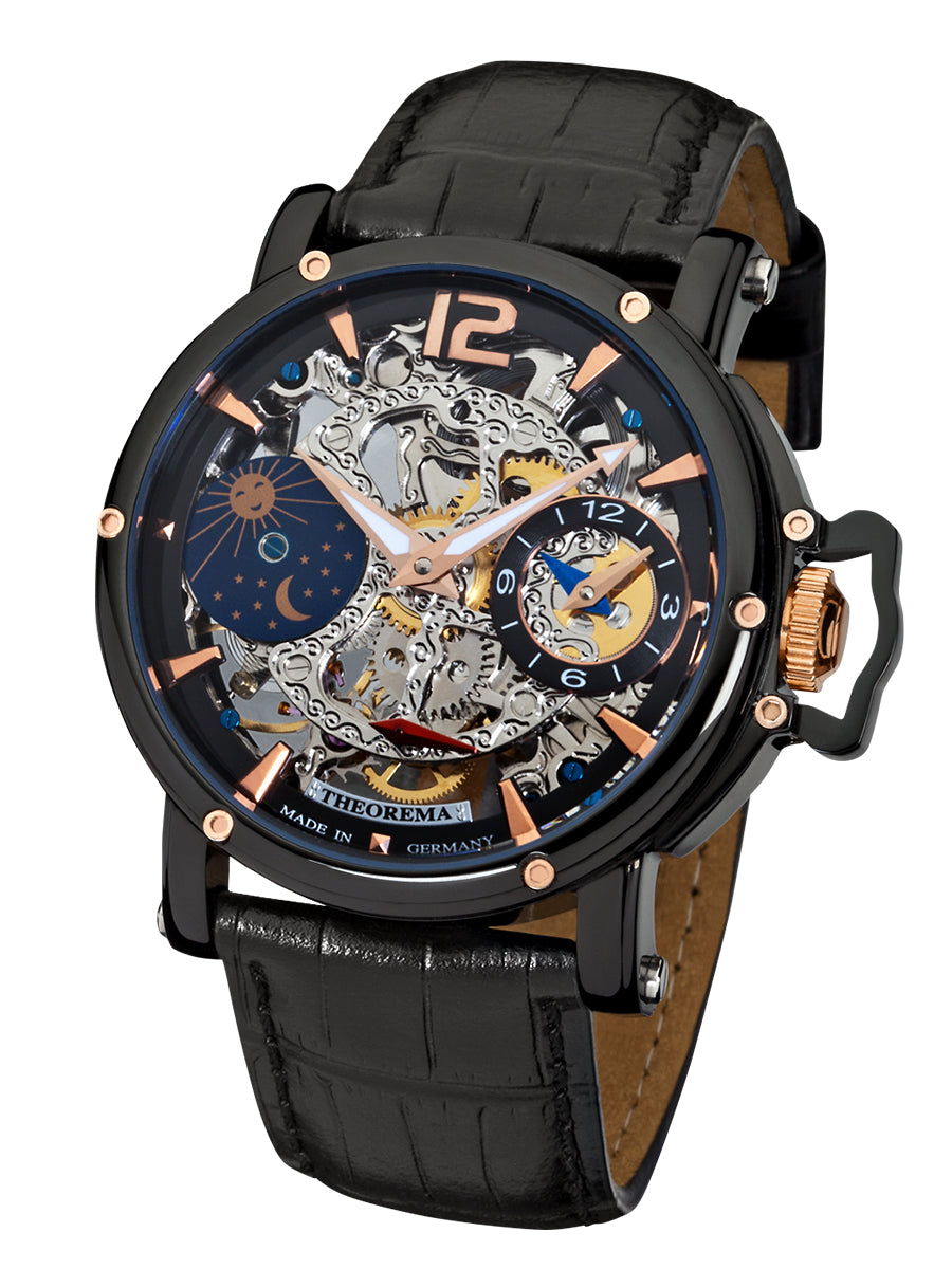 Copacabana Theorema GM-104-3 silver skeleton dial with black case and black leather band.