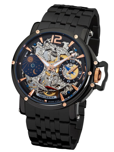 Black mechanical watch with detailed face on a white background