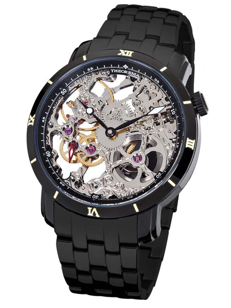 Black skeleton watch with detailed mechanical components on a white background