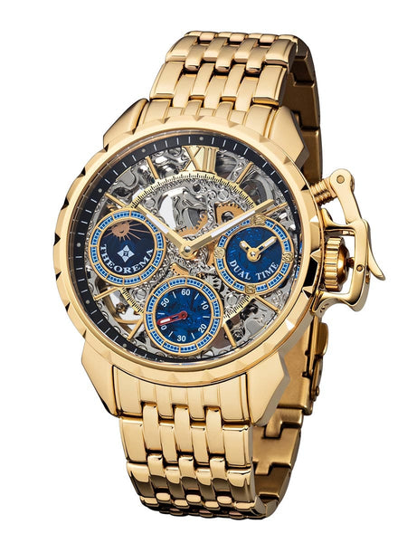 Gold wristwatch with a detailed face on a white background