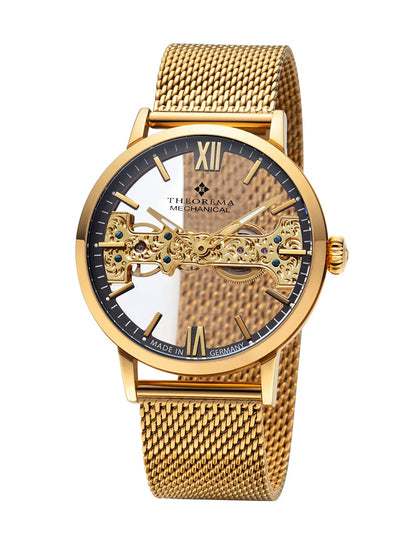 Skeleton gold color watch see through movement with sapphire coated glass.