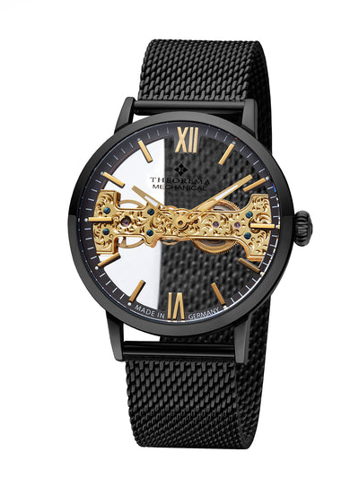 Skeleton gold and black color watch see through movement with sapphire coated glass.