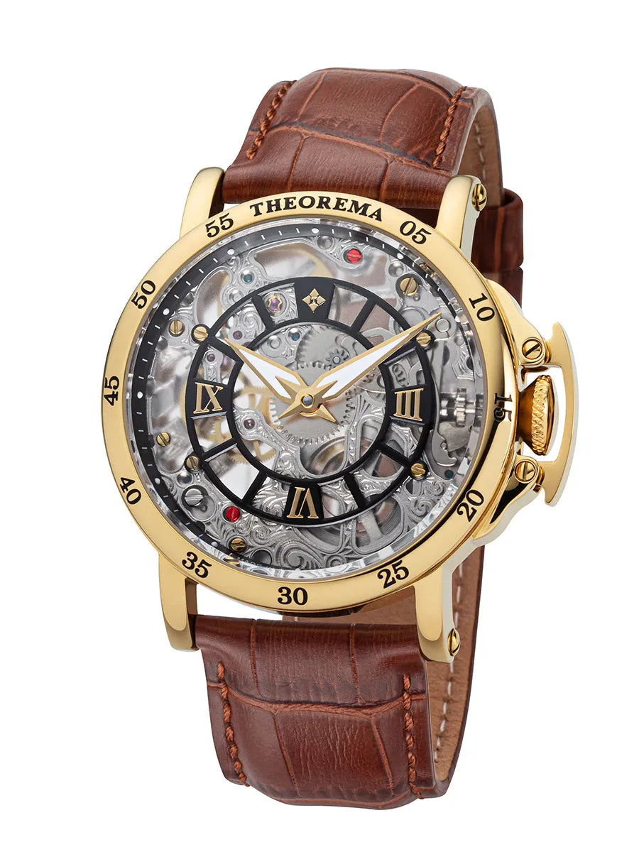 Silver dial with arabic numbers on the gold case and brown leather band.