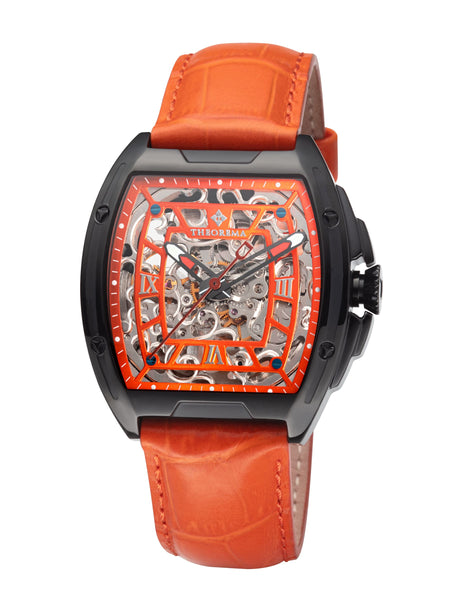 Orange dial with orange bezel in a black case with orange leather band.