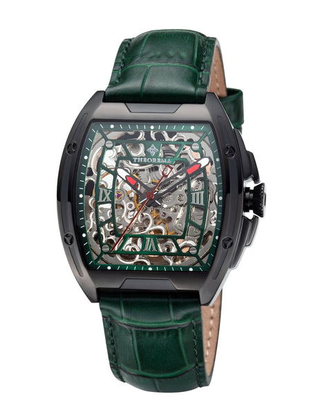 Silver dial in a see through design with skeletonized hands and Roman numerals.