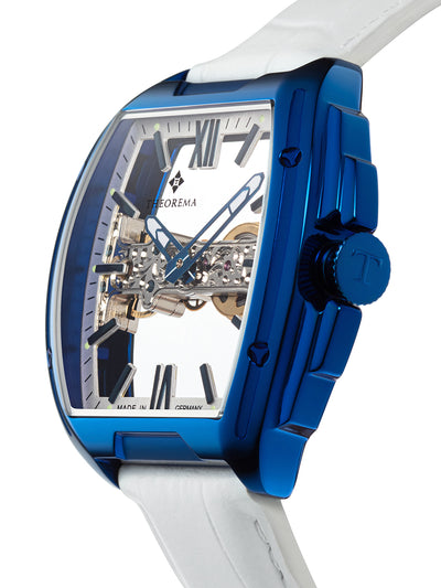 Blue case with blue crown button and a genuine white leather band.